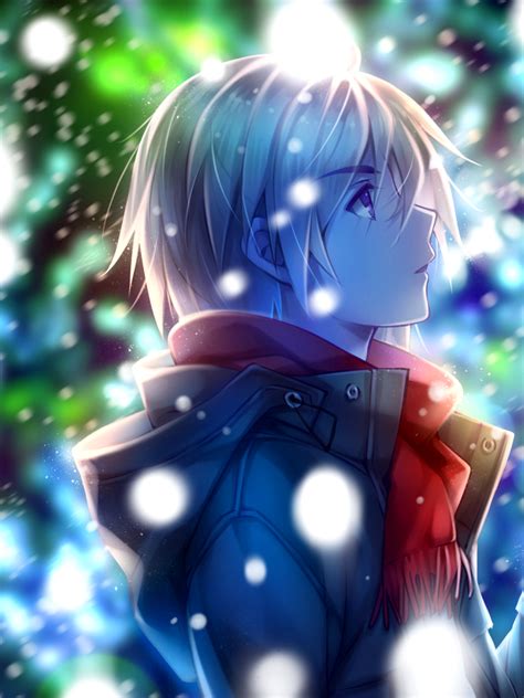 Download 768x1024 Anime Boy Profile View Red Scarf Winter Snow Coffee Wallpapers For Apple