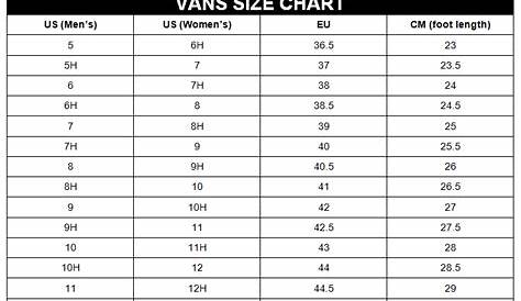 vans sneakers for toddlers size chart
