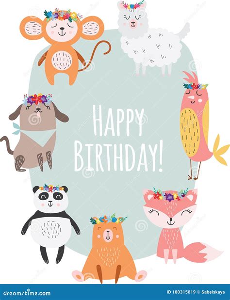 Happy Birthday Card With Cute Animals Wearing Flower Crowns Stock