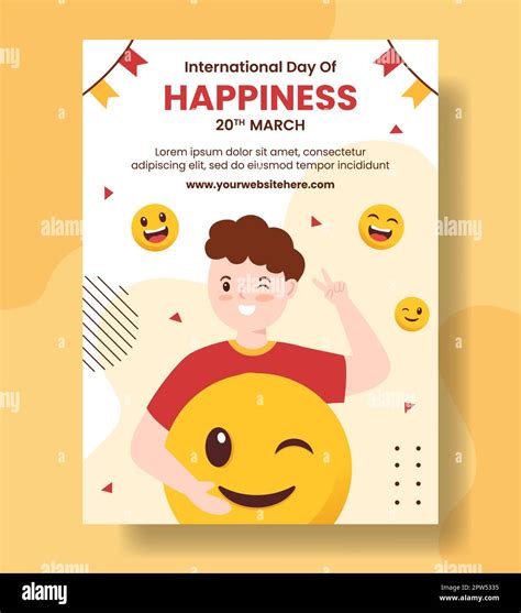 World Happiness Day Vertical Poster With Smiling Face Flat Cartoon Hand