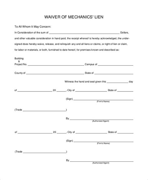Generic Printable Lien Waiver Form Customize And Print