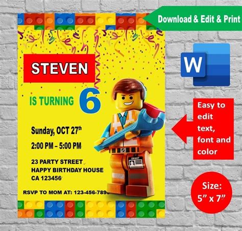 Lego Movie Birthday Party Invitation Printable Template