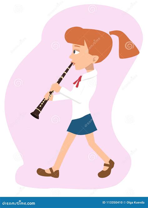 Girl Walking And Playing Clarinet Cartoon Vector Illustration