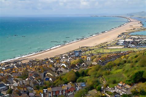 View Over Weymouth Portland And Chesil Beach Dorset England Uk Blue