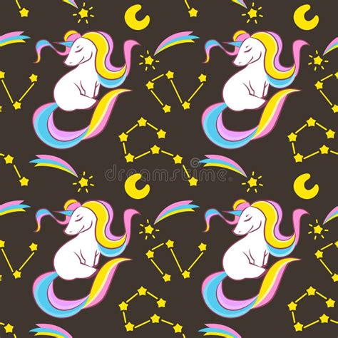 Seamless Endless Pattern With White Unicorns Rainbow And Stars