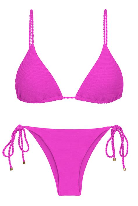 Magenta Pink Textured Brazilian Bikini With Twisted Ties Set St