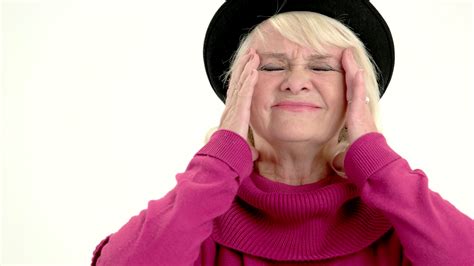 Old Lady Having Headache Isolated Woman Rubbing Her Temples Life In