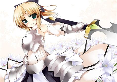 Hd Wallpaper Blondes Fatestay Night Weapons Green Eyes Armor Blush Saber Lily Gauntlets Swords
