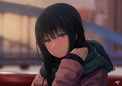 Wallpaper Anime Girl Black Hair Scarf Semi Realistic Winter
