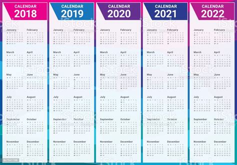 Year 2018 2019 2020 2021 2022 Calendar Vector Stock Illustration