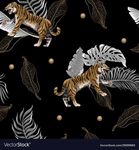 Seamless Pattern With Tigers And Leaves Royalty Free Vector