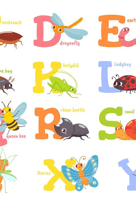 Cartoon Insects Alphabet Funny Bug Letters Comic Insect Ab