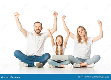 Excited Parents Sitting On Floor Near Stock Image Image Of Gesture