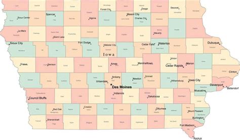 Multi Color Iowa Map With Counties Capitals And Major Cities