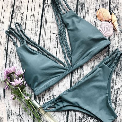 Green Strappy Bralette Bikini Bathing Suits Womens Push Up Swim Suits
