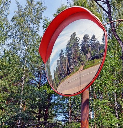 The Mirror Is Spherical And Road Sign Stock Image - Image of visibility ...