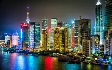 Shanghai China Night City Buildings Skyscrapers River Wallpaper