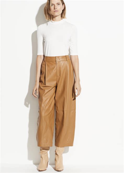 Vince Cropped Leather Wide Leg Pant In Dark Camel Natural Lyst