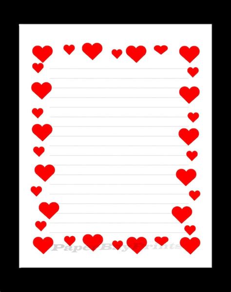 Printable Lined Paper With Heart Border Red Hearts Design Scrapbook
