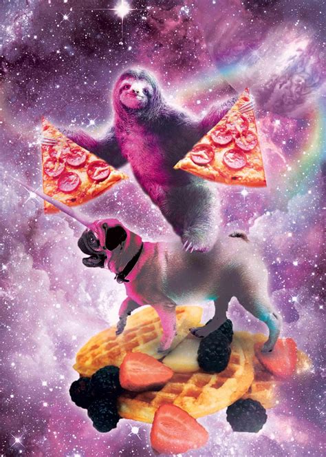Space Pizza Sloth On Pug Poster By Random Galaxy Displate