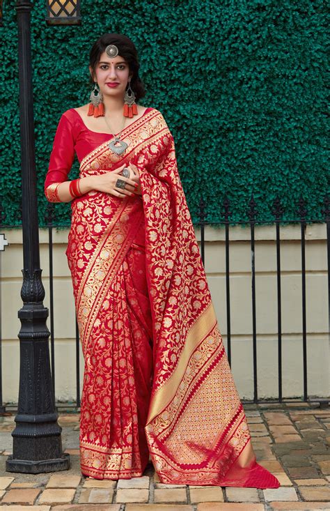 Red Banarasi Silk Jacquard Woven Saree With Blouse Brithika Luxury Fashion
