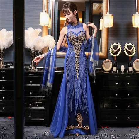 buy embroidery chinese traditional eveing dress 2017 new royal blue sexy