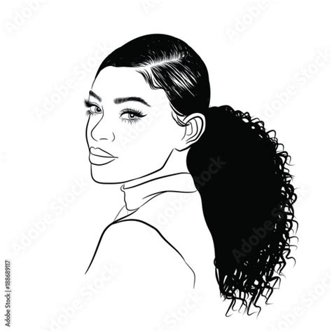 Hand Drawn Black Woman With Curly Ponytail And Luxurious Hair Girl