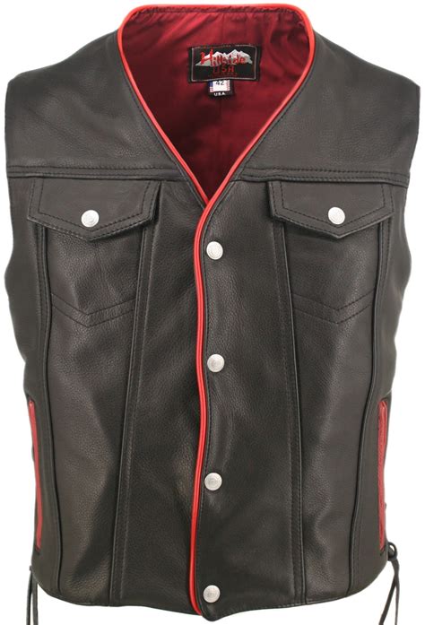 Mens Black Leather Motorcycle Vest With Red Trim Gun Pockets And Side Laces By Hillside Usa