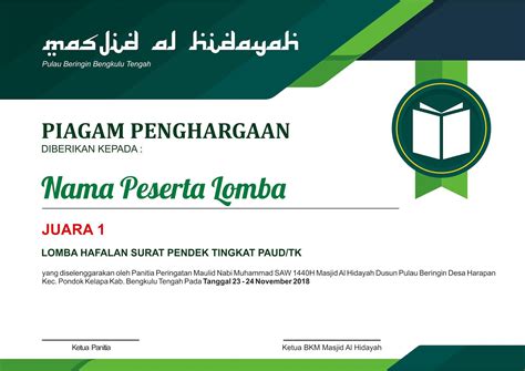 Contoh Desain Piagam Penghargaan Pemenang Lomba Acara Maulid Nabi