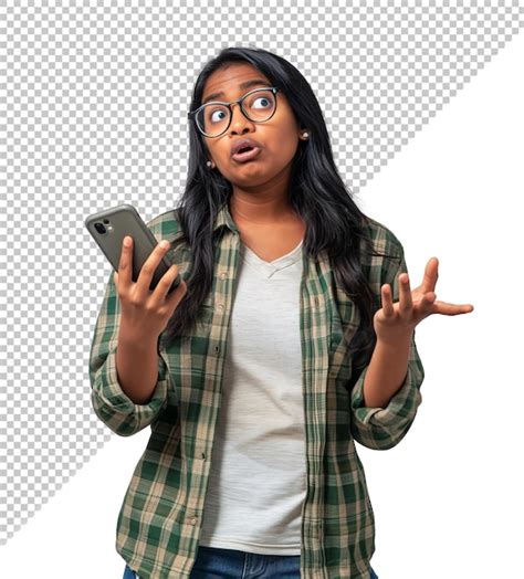 Premium Psd Indian Woman Holding A Phone While Confused Trying To