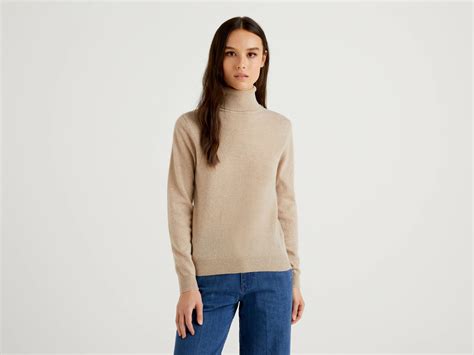 Beige Turtleneck Sweater In Pure Merino Wool Customizable Benetton