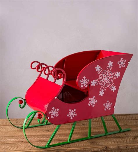 Red Metal Sleigh Decoration Holly Berries Plow And Hearth