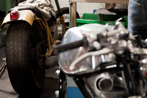 Custom Motorcycle Parts In A Workshop Stock Image Image Of Body