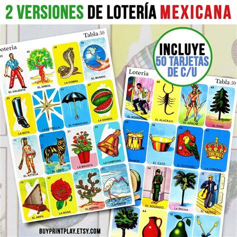 50 Mexican Loteria Game Cards 2 Different Versions 100 Total Loteria
