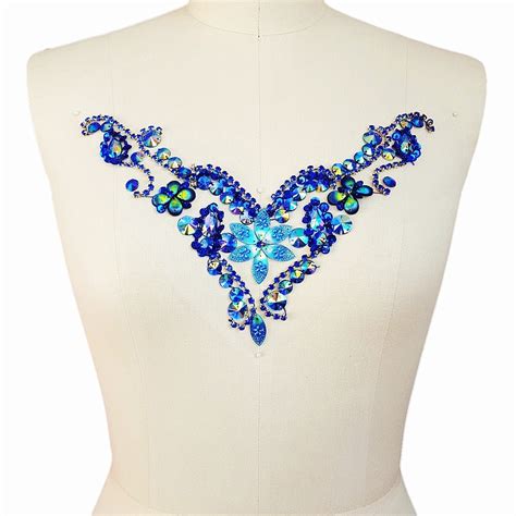 Handmade Beaded Sequin 20x25cm Dazzling Blue Acrylic Strass Crystal Sew On Neckline Hotfix