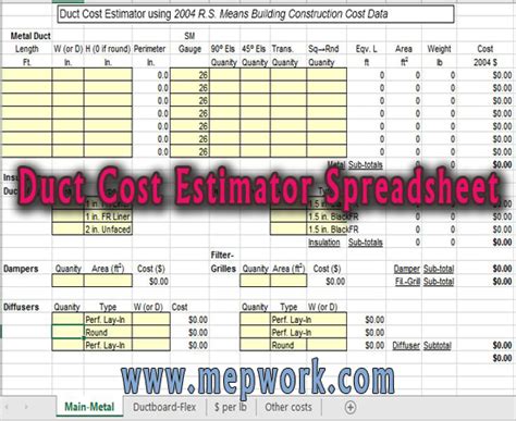 Download Duct Cost Estimator Spreadsheet Xls For Free
