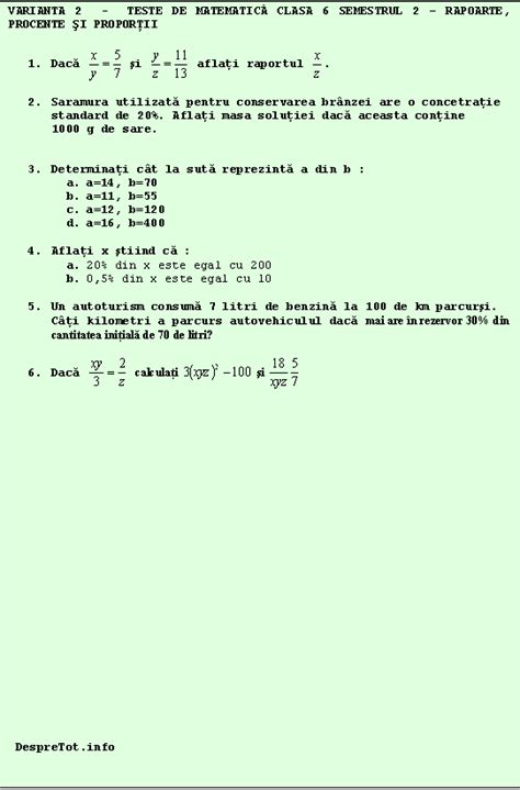 Teste Matematica Clasa 6 Semestrul 2 Rapoarte Procente Si Proportii Varianta 2
