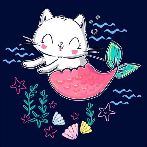 Premium Vector Hand Drawn Kitten Mermaid And Shell Fantasy Cute Cat