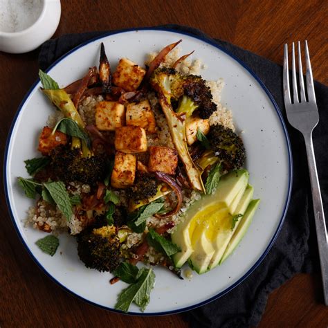 Harissa Roasted Broccoli Tofu And Quinoa Bowl Recipe Bon Appétit