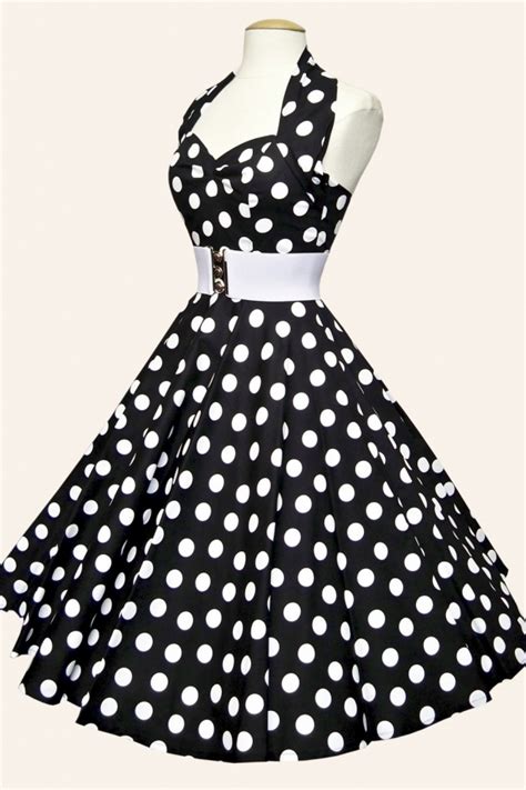 50s Retro Halter Polka Dot Black White Swing Dress Cotton Sateen