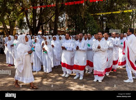Ethiopian Orthodox Christians Dressed In Traditional White Celebrate