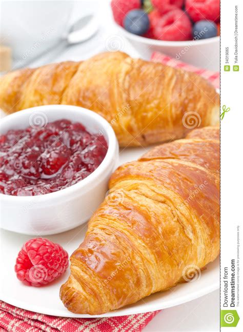 Delicious Breakfast Fresh Croissant With Raspberry Jam Stock Image