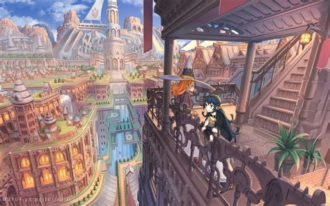 Wallpaper Orange Hair Cityscape Anime City Fantasy World Scenery