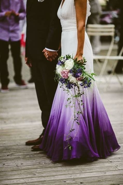 A Line V Neck Open Back Ombre Purple Chiffon Wedding Dress With Lace