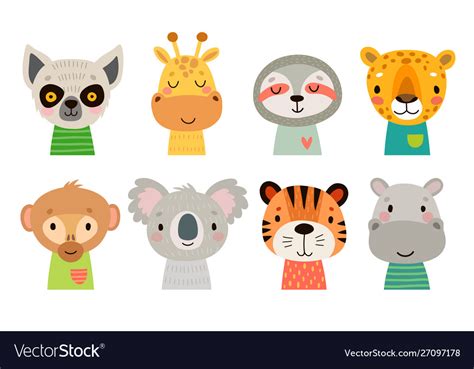 Cute Jungle Animal Faces Hand Drawn Characters Vector Image