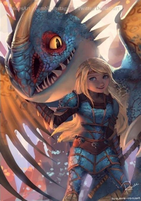 A Woman Standing Next To A Dragon With Long Blonde Hair And Blue Eyes