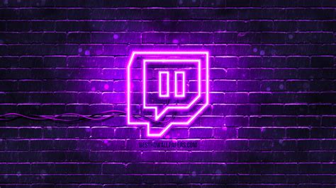 download wallpapers twitch violet logo 4k violet brickwall twitch logo social networks