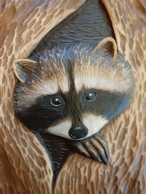 Wooden Handcarved Raccoon Racoon Art Wood Carved Picture Etsy