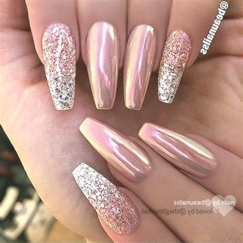Rose Gold Rosé Chrome And Glitter Silver Ombré Nail Ballerina Shape Gel