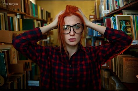 Wallpaper Redhead Portrait Women With Glasses Red Hands On Head
